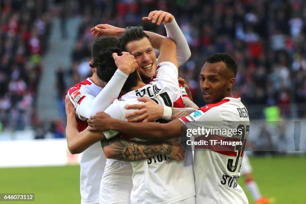 Berkay Oezcan of Stuttgart celebrates scoring his teams goal during the Second Bundesliga match between VfB Stuttgart and 1. FC Kaiserslautern at...