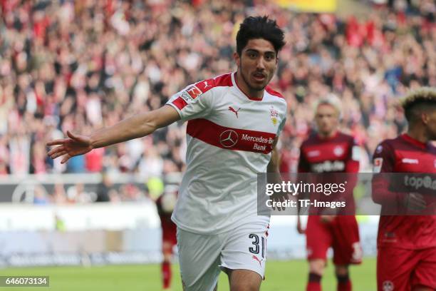 Berkay Oezcan of Stuttgart celebrates scoring his teams goal during the Second Bundesliga match between VfB Stuttgart and 1. FC Kaiserslautern at...