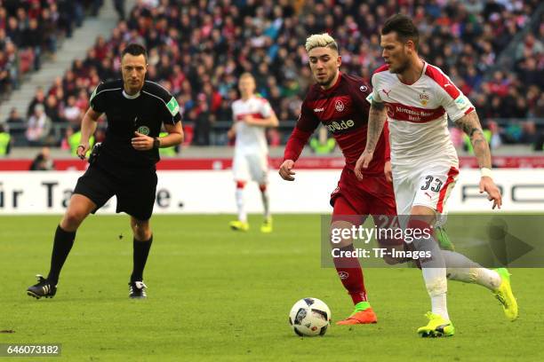 Daniel Gincek of Stuttgart , Marion Frey of Kaiserslautern battle for the ball during the Second Bundesliga match between VfB Stuttgart and 1. FC...