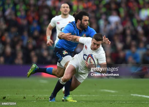 Luke McLean of Italy tackles George Ford of England during the RBS Six Nations match between England and Italy at Twickenham Stadium on February 26,...