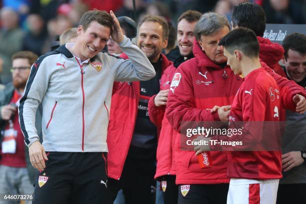Head coach Hannes Wolf of Stuttgart celebrate their win after the Second Bundesliga match between VfB Stuttgart and 1. FC Kaiserslautern at...
