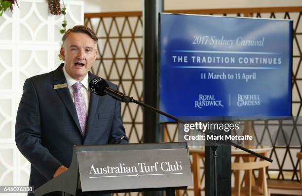 Australian Turf Club CEO Darren Pearce speaks during the Australian Turf Club 2017 Sydney Carnival Launch at Royal Randwick Racecourse on February...