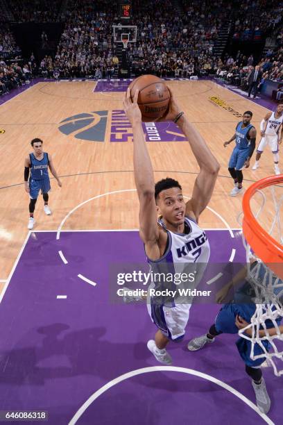 Skal Labissiere of the Sacramento Kings goes to the basket against the Minnesota Timberwolves on February 27, 2017 at Golden 1 Center in Sacramento,...