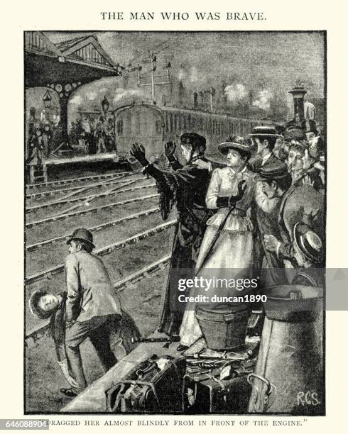 victorian man rescuing a woman from railway tracks - fallen heroes stock illustrations