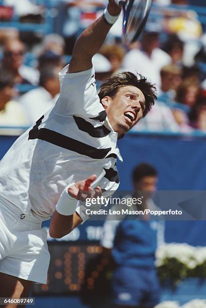 German tennis player Michael Stich pictured in action competing in the 1991 US Open Men's Singles tennis tournament at the USTA National Tennis...