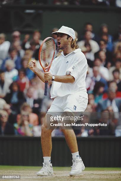 American tennis player Andre Agassi pictured in action competing to win the final of the Men's Singles tournament against Goran Ivanisevic at the...