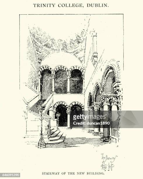 stairway of new building of trinity college, dublin, 1892 - trinity college stock illustrations