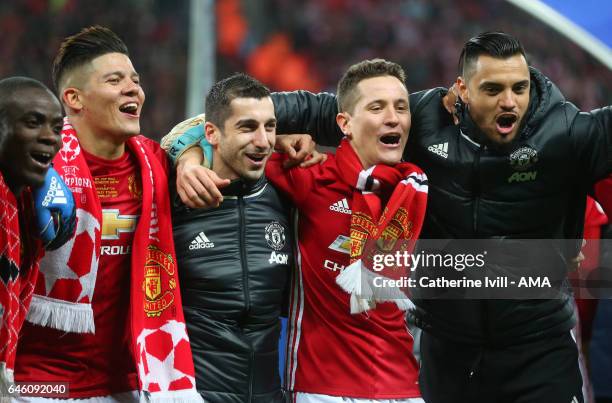 Marcos Rojo, Henrikh Mkhitaryan, Ander Herrera and Manchester United goalkeeper, Sergio Romero celebrate during the EFL Cup Final match between...