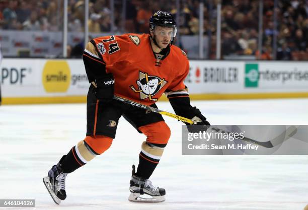 Joseph Cramarossa of the Anaheim Ducks skates during the third period of a game against the Boston Bruins at Honda Center on February 22, 2017 in...