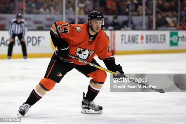 Joseph Cramarossa of the Anaheim Ducks skates during the third period of a game against the Boston Bruins at Honda Center on February 22, 2017 in...