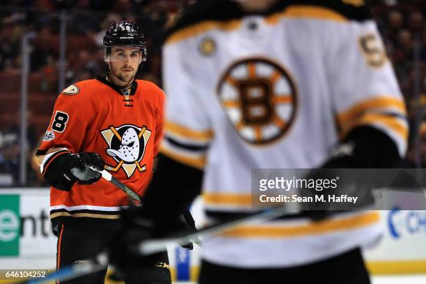 Nicolas Kerdiles of the Anaheim Ducks looks on during the first period of a game against the Boston Bruins at Honda Center on February 22, 2017 in...