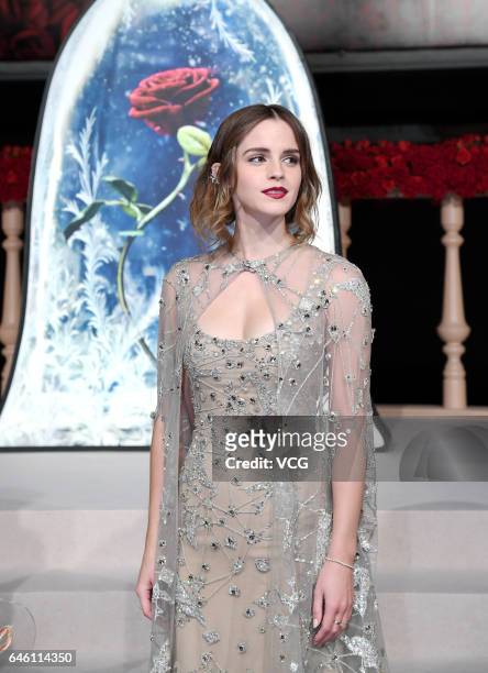 British actress Emma Watson attends the premiere of American director Bill Condon's film "Beauty and the Beast" at Walt Disney Theatre on February...
