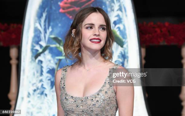 British actress Emma Watson attends the premiere of American director Bill Condon's film "Beauty and the Beast" at Walt Disney Theatre on February...