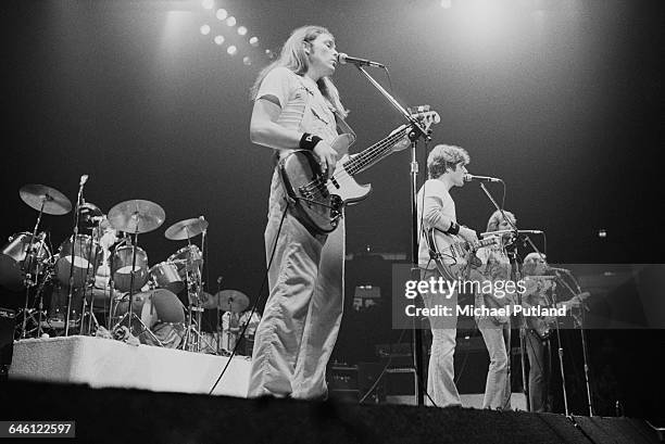 American rock group, The Eagles, performing on stage, USA, November 1979. Left to right: Don Henley , Timothy B. Schmit, Glenn Frey , Don Felder and...