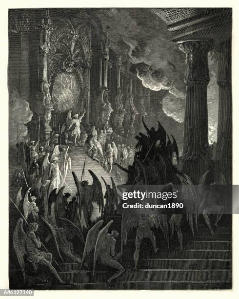 milton's paradise lost high on a throne of royal state - hell stock illustrations