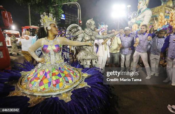 Revelers from the Portela samba school prepare to perform at the Sambodrome in the early morning hours during Carnival festivities on February 28,...