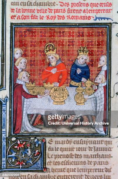 King Charles IV of France, receives gifts. The people of Paris present gifts to the Holy Roman Emperor and his son, the future Wenceslas IV....