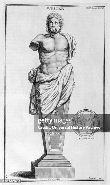 Representation of the god Jupiter as a statue from Versailles. Illustration from supplement to 'L'antiquite expliquee et representee en figures'; by...