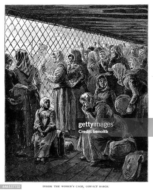 inside the women's cage on convict barge - siberia stock illustrations