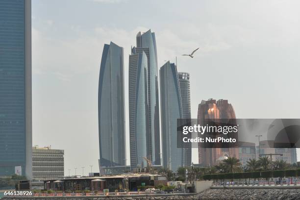 View of Etihad Towers, a complex of buildings with five towers in Abu Dhabi. The towers were used as a filming location for the 2015 film Furious...