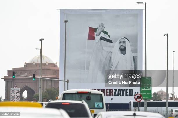View of a geant poster ourfatherzayed.ae dedicated to Sheikh Zayed Bin Sultan Al Nahyan, located near the Presidential Palace in Abu Dhabi. On...