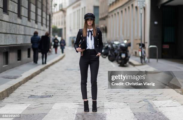 Barbora Ondrackova wearing a white blouse Zara, black blazer jacket River Island, black Zara pants, Gucci bag, Dolce & Gabbana shoes, River Island...