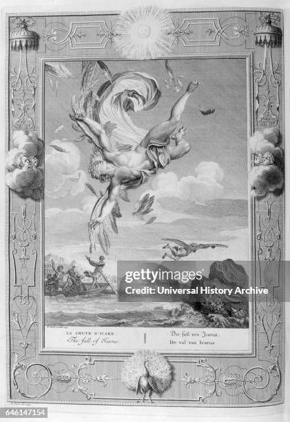 Death of Icarus. Engraving from 'Tableaux du temple des muses' by Michel de Marolles , known as the abbe de Marolles; a French churchman and...