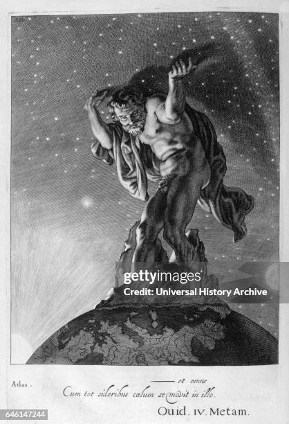 Atlas supporting the sky. Engraving depicting Jason and the Argonuats from 'Tableaux du temple des muses' by Michel de Marolles , known as the abbe...