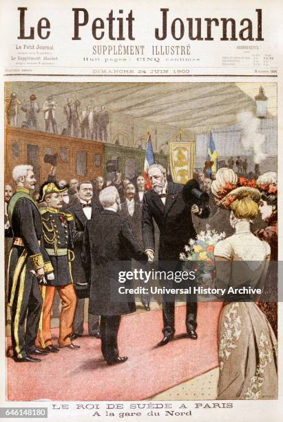 Oscar II, King of Sweden visits France King Oscar of Sweden arriving in Paris to visit the Universal Exposition. He is greeted at the Gare du Nord,...