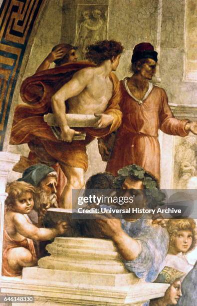 Epicurus The School of Athens 1511. Fresco by Raffaello Sanzio da Urbino , known as Raphael, an Italian painter and architect of the High...