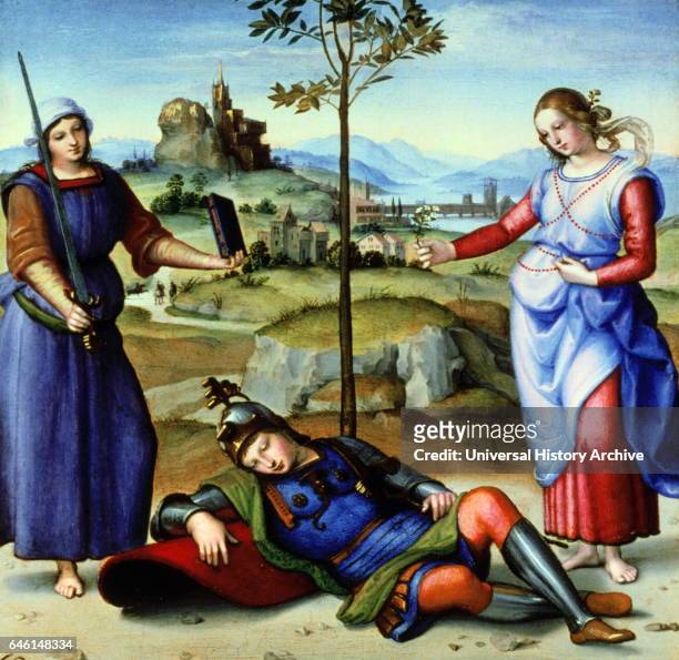 The Vision of a Knight, by Raffaello Sanzio da Urbino . Tempera painting on poplar, finished in 1504-1505. Raphael was an Italian painter and...