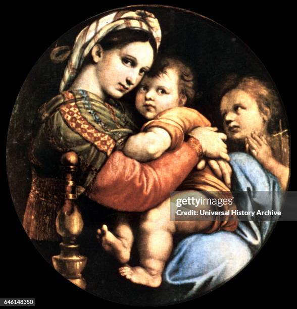 Madonna della seggiola or Madonna della sedia, by Raffaello Sanzio da Urbino . Oil painting on panel, finished in 1513-1514. Raphael was an Italian...