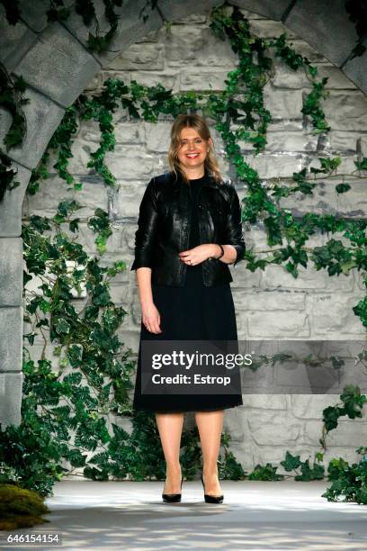 Designer Jenny Packham walks the runway at the Jenny Packham show during the New York Fashion Week February 2017 collections on February 12, 2017 in...