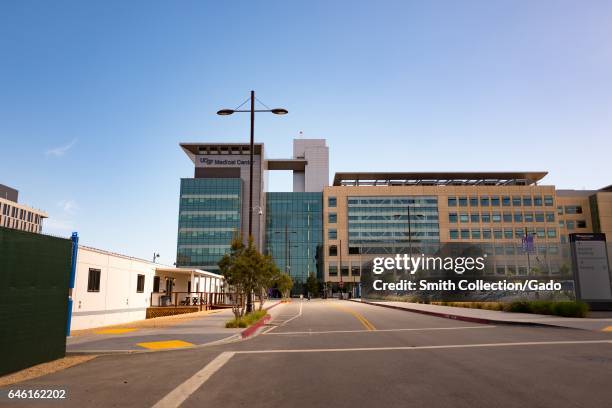 Main building, viewed from across a parking lot, at the University of California San Francisco Mission Bay campus in San Francisco, California,...