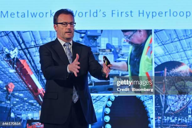 Robert Lloyd, chief executive officer of Hyperloop Technologies Inc., known as Hyperloop One, gestures as he speaks during an event in New Delhi,...