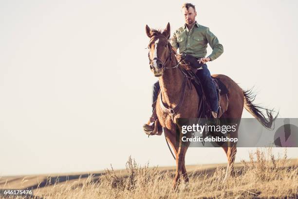 cowboy on horseback - handsome cowboy stock pictures, royalty-free photos & images