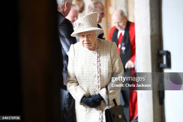 Queen Elizabeth II and Prince Philip, Duke of Edinburgh open a new development at The Charterhouse at Charterhouse Square on February 28, 2017 in...