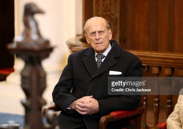 Queen Elizabeth II and Prince Philip, Duke of Edinburgh open a new development at The Charterhouse at Charterhouse Square on February 28, 2017 in...