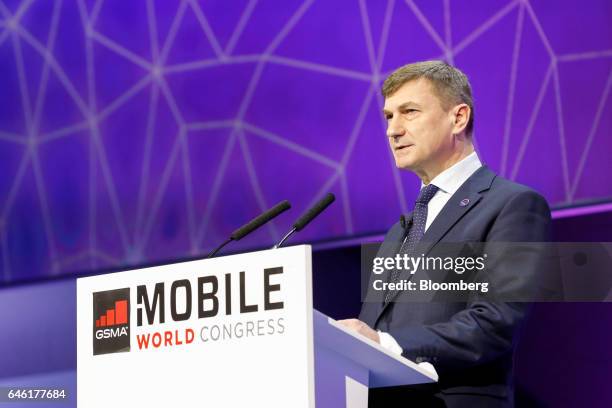 Andrus Ansip, the European Union's vice president for the digital single market, delivers a speech on the second day of Mobile World Congress in...