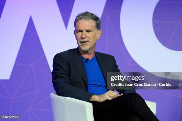 The Netflix Founder and CEO, Reed Hastings, giving a conference during the Mobile World Congress, on February 27, 2017 in Barcelona, Spain.