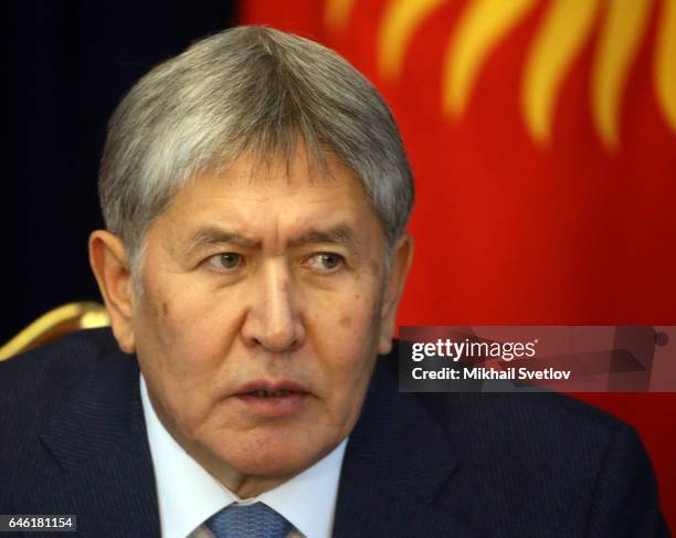 Kyrgyz President Almazbek Atambayev speaks during Russian-Kyrgyz talks on February 28, 2017 in Bishkek, Kyrgtzstan. Putin is having a one-day visit...