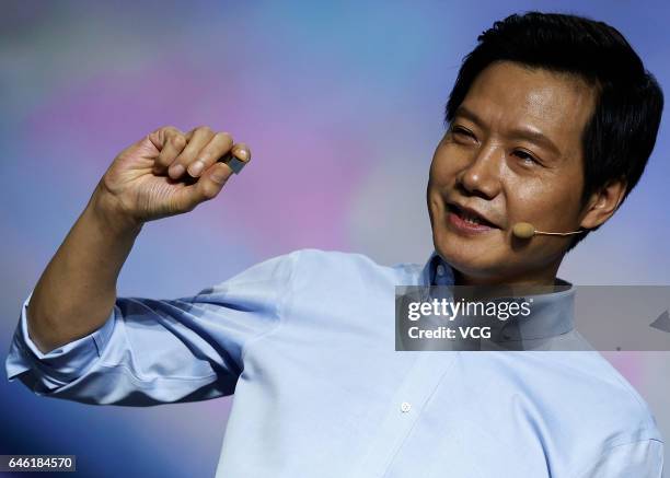 Xiaomi CEO Lei Jun introduces Surge S1 chipset, Mi 5C smartphone and Redmi 4X smartphone during a press conference on February 28, 2017 in Beijing,...