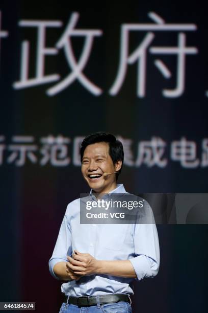 Xiaomi CEO Lei Jun introduces Surge S1 chipset, Mi 5C smartphone and Redmi 4X smartphone during a press conference on February 28, 2017 in Beijing,...