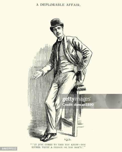 young victorian man wear a bowler hat - bowler hat stock illustrations