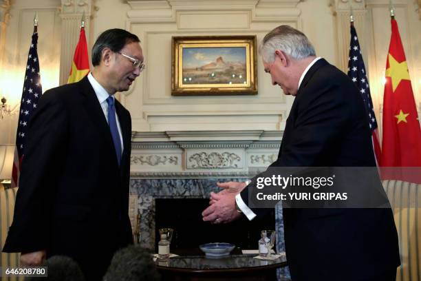 Secretary of State Rex Tillerson meets with Chinese State Councilor Yang Jiechi at the State Department in Washington,DC on February 28, 2017. / AFP...