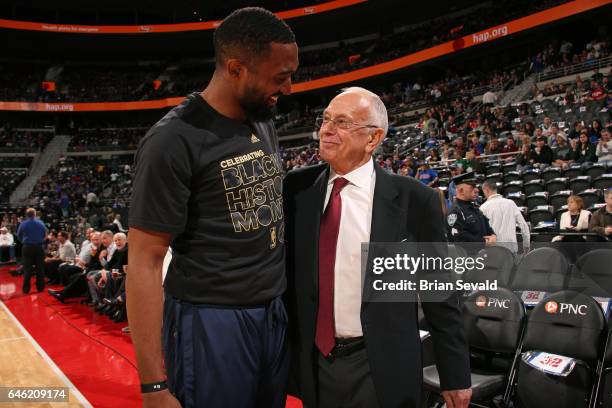 Michael Gbinije of the Detroit Pistons talks to Larry Brown before the game against the Boston Celtics on February 26, 2017 at The Palace of Auburn...
