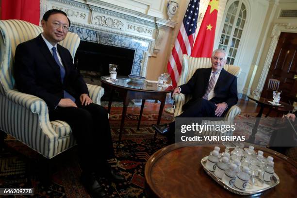 Secretary of State Rex Tillerson meets with Chinese State Councilor Yang Jiechi at the State Department in Washington,DC on February 28, 2017. / AFP...