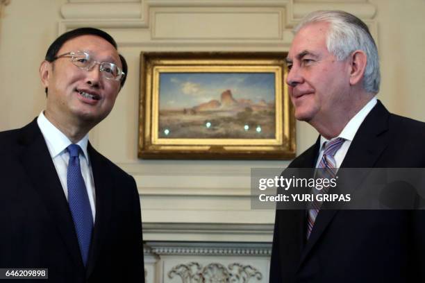 Secretary of State Rex Tillerson meets with Chinese State Councilor Yang Jiechi at the State Department in Washington,DC on February 28, 2017. / AFP...