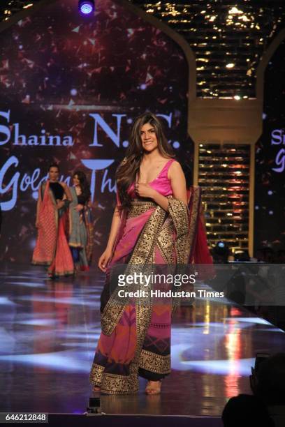 Singer Ananya Birla walks the ramp displaying the creation of fashion designer Shaina NC during a star-studded fashion show in aid of Cancer Patients...