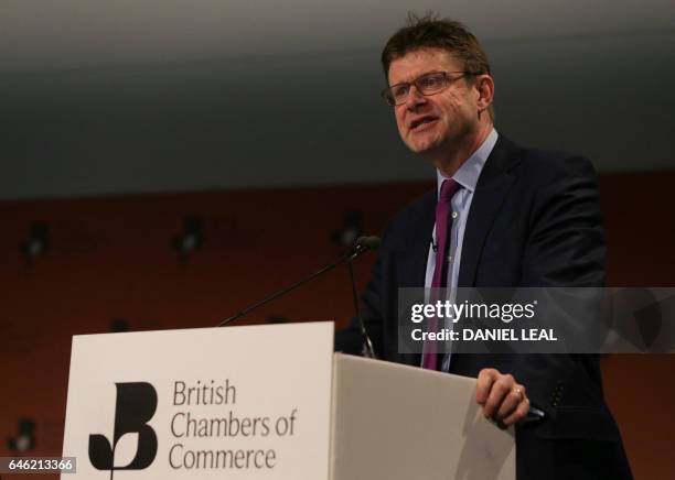 British Business, Energy and Industrial Strategy Secretary Greg Clark speaks at the British Chambers of Commerce conference in London on February 28,...